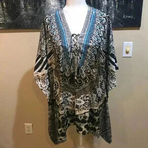 Sakkas Kaftan Mixed Animal print with Intricate Beading V Neck Top-One Size